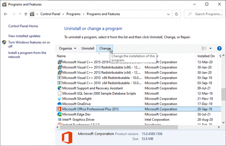 Select Microsoft Office and click Change
